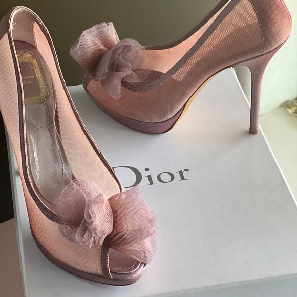 Dior Bagatelle Blush Ombré Peep Toe Pom Bow Wedding Heels Size 38.5 - Picture 8 of 13